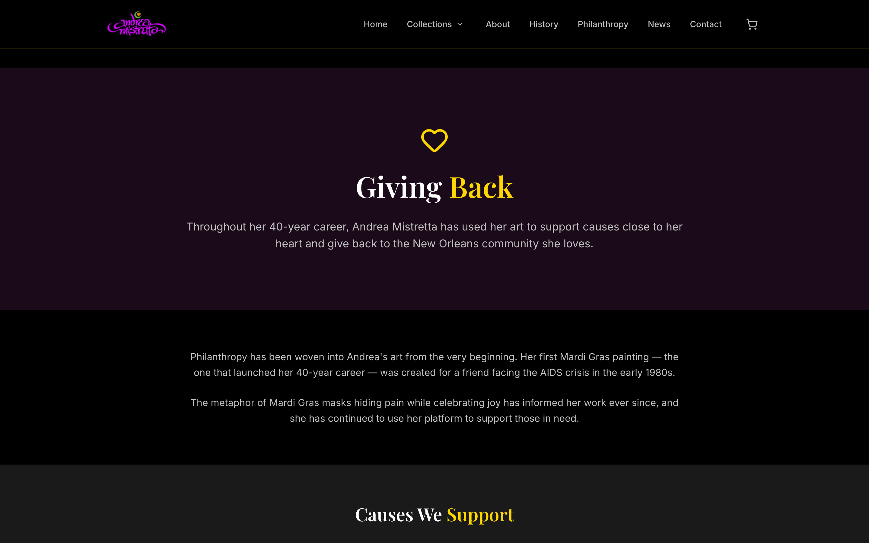 Philanthropy page showcasing Andrea's charitable work