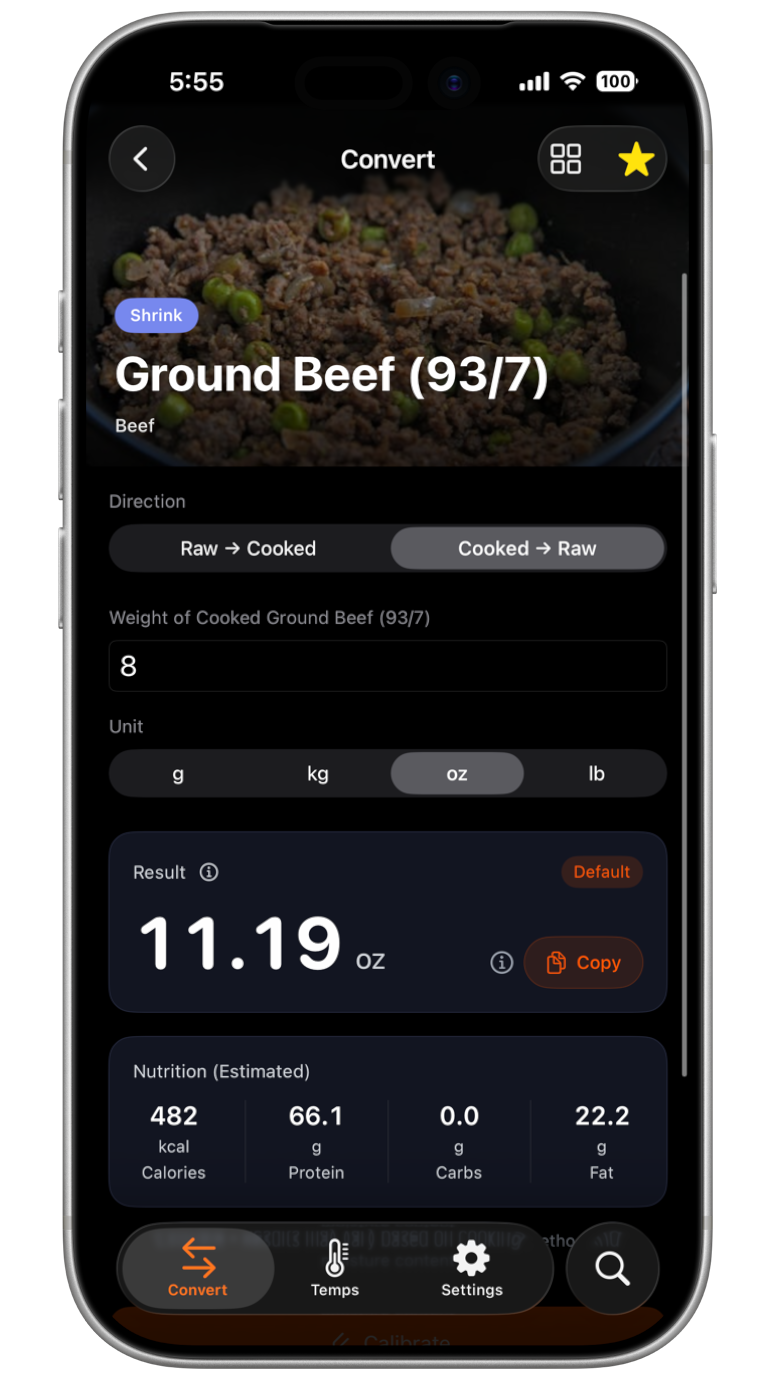 SizzleScale conversion calculator interface