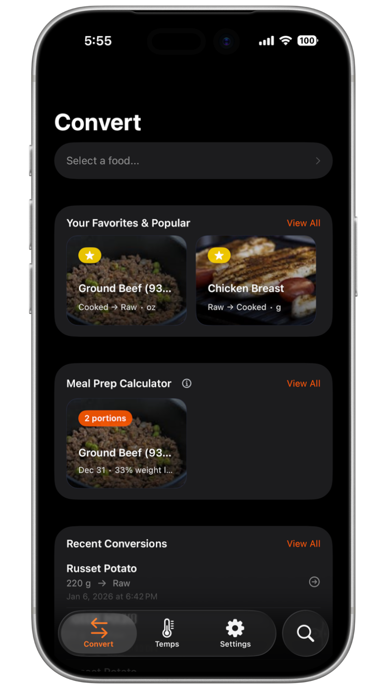 SizzleScale home dashboard with recent conversions